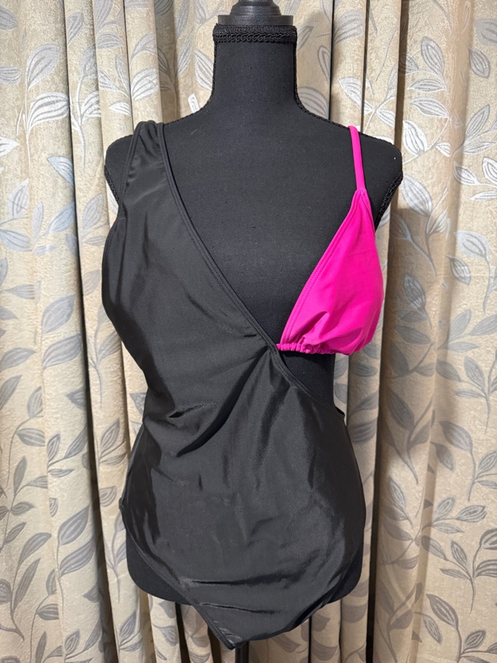 SHEIN Black and Pink One Shoulder Swim One Piece
